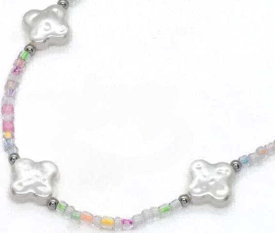 Collar con gancho y extension de acero quirurgico mostacillas colores, simil flores perlas 40cm + 5c